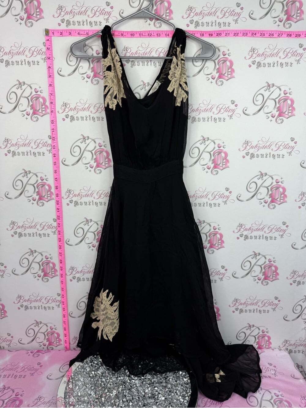 TEMPERANCE DRESS Black Sleeveless Dress with Gold Lace Appliqué
